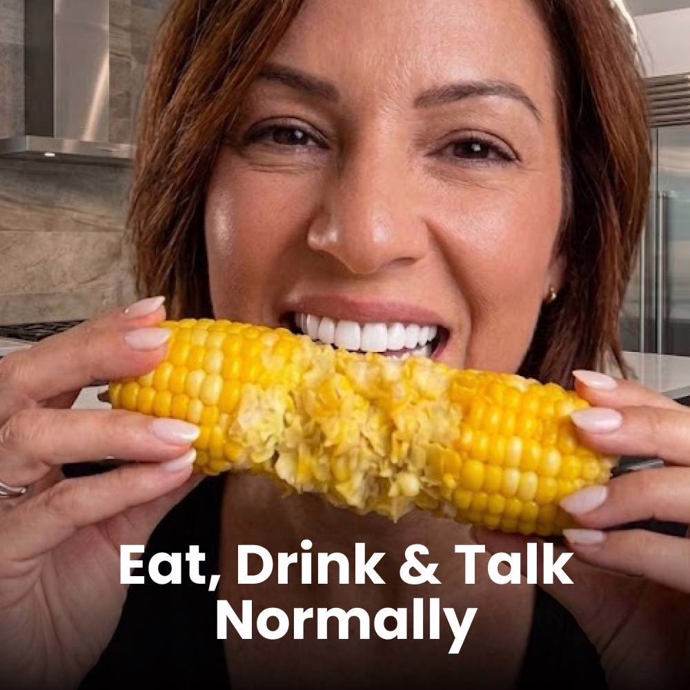 Woman wearing WellaSmile discreetly during a meal